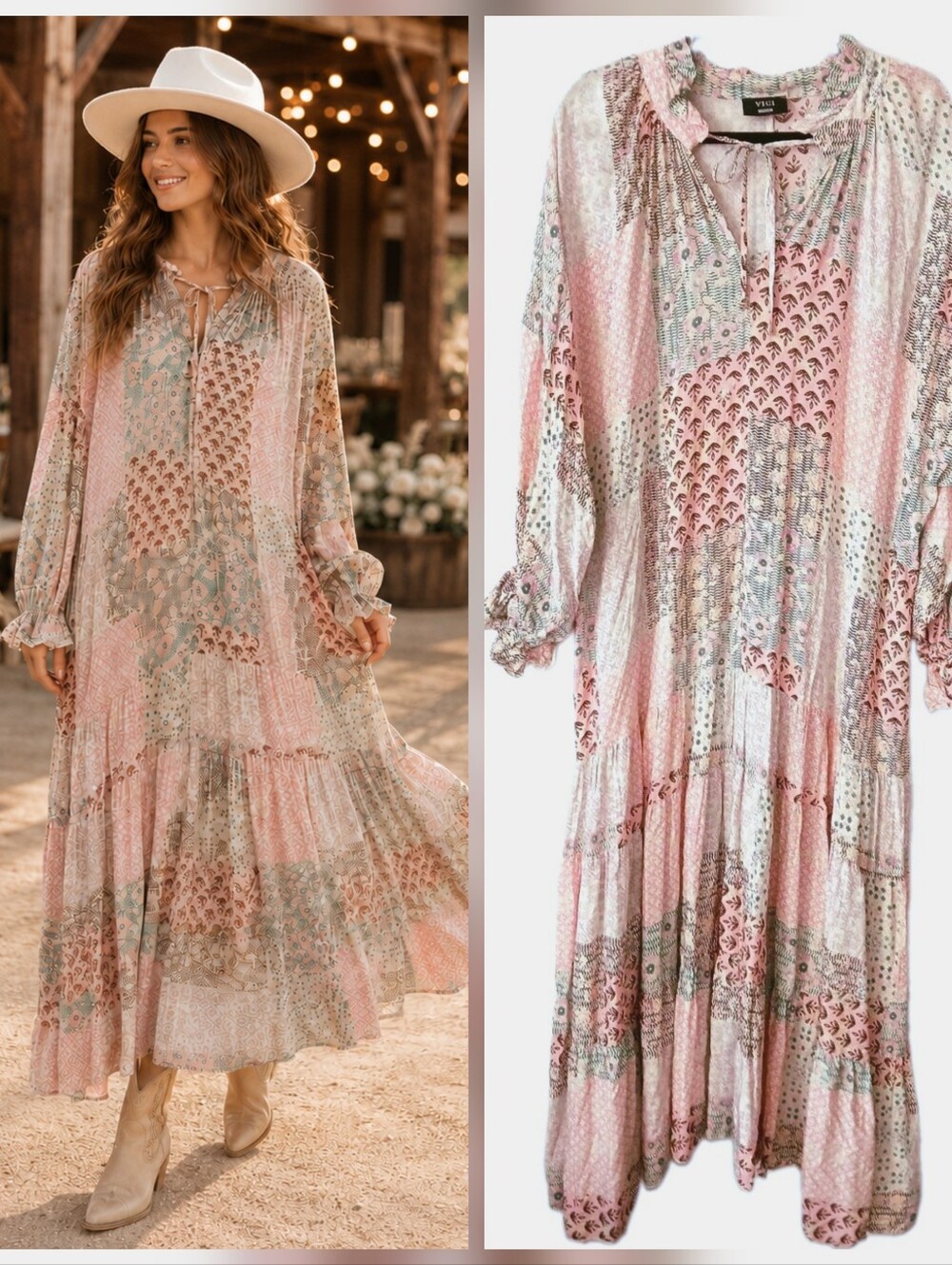 VICI Womens Floral Patchwork Western Long Sleeve Boho Bohemian Maxi Dress Size M